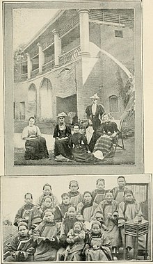 Lady missionaries in the court of the Zenana Mission House, Peshawar (above); The station class at Sa-yong, Fuhkien, China (below) Christian missions and social progress; a sociological study of foreign missions (1897) (14756890926).jpg