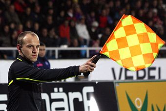 A linesman holds up his flag.