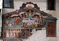 クルゾーネ、サンタ・アスンタ聖堂付属ディシプリーニ礼拝堂壁画（1485年頃） 上段に死の勝利、下段に死の舞踏が同居した作例[11]