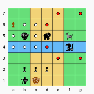 Black's zebra can move or capture like a chess knight to a red dot. Black's monkey can move (not capture) to white dots. It is blocked from moving to a6 due to Brown's pawn. Black's monkey has no captures (jumps) available. Brown's monkey can capture all Black's pieces in one multi-capture move by jumping consecutively to a1, c3, c1, e3, g5, e5, c5, and a5.