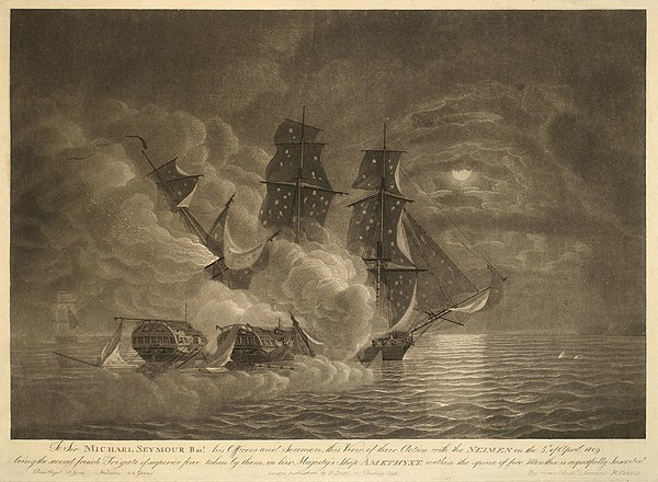 A view of HMS Amethyst capturing the French frigate Niemen in the Cordouan Shoals on 6 April 1809, by Robert Dodd