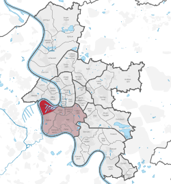 Mapa Düsseldorfu, zobrazující Hafen (červeně) v okrese 3 (růžově)