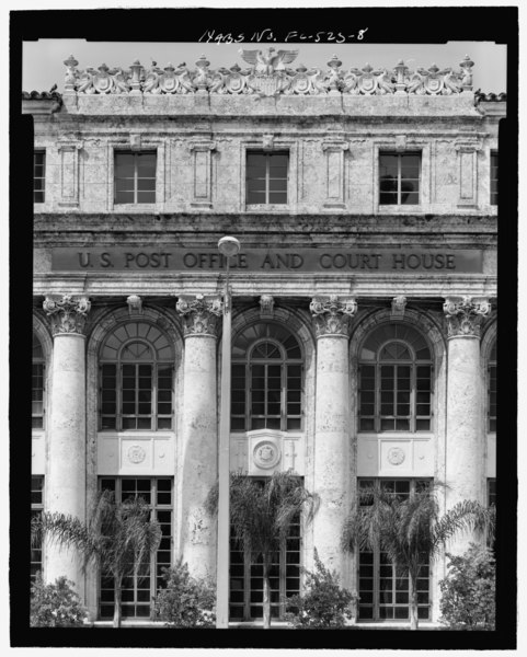 File:Detail of East front elevation showing plaque and parapet, view looking east - U.S. Post Office and Courthouse, 300 Northeast First Avenue, Miami, Miami-Dade County, FL HABS FL-523-8.tif