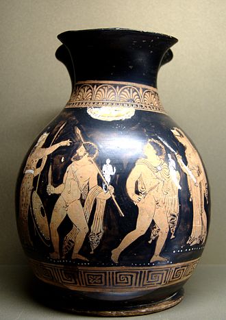 Odysseus and Diomedes stealing the Palladium from Troy, oinochoe from the Ilioupersis Painter's school, c. 360/50 BC. Paris, Louvre. Diomedes Odysseus Palladion Louvre K36.jpg