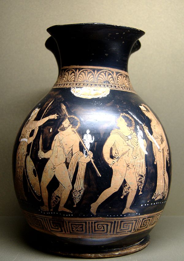 Odysseus and Diomedes steal the Palladium from Troy. (Apulian red-figure oinochoe of c. 360–350 BC from Reggio di Calabria.)