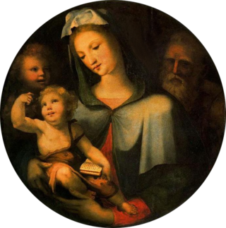 <i>Holy Family with the Infant Saint John the Baptist</i> (Beccafumi, Uffizi) Painting by Domenico di Pace Beccafumi