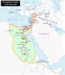 New Kingdom at its maximum territorial extent in the 15th century BCE Egypt 1450 BC.svg