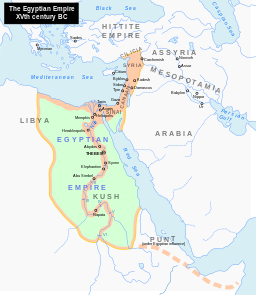 Map of the ancient near east showing the extent of the Egyptian Empire c. 1450 BCE. Egypt 1450 BC.svg