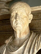 A marble bust of the Roman Emperor Decius from the Capitoline Museum. This portrait "conveys an impression of anxiety and weariness, as of a man shouldering heavy [state] responsibilities". Emperor Traianus Decius (Mary Harrsch).jpg