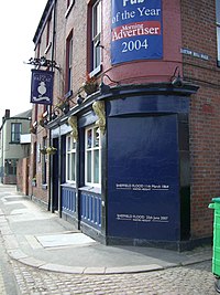 The Fat Cat pub showing the relative heights of the 1864 and 2007 floods. Fat Cat Pub, Sheffield.jpg