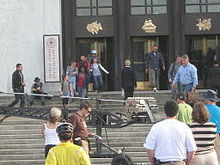 A scene for The Librarians being filmed at the Oregon State Capitol in Salem.