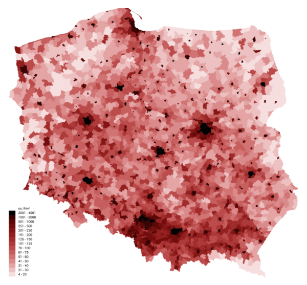 Gęstość zaludnienia według gmin w Polsce, 2016
