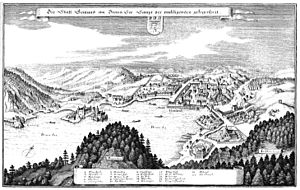 City of Gmunden after an engraving by Matthaeus Merian (1656)