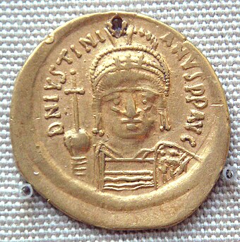 Golden Solidus of Justinian I (527–565) excavated in India probably in the south, an example of Indo-Roman trade during the period