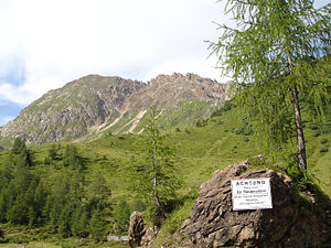 View of the north-eastern flank of the Großer Rettenstein.  The summit is on the middle of the three rock peaks.