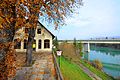 English: Restaurant Annabruecke with bridge across the Drava Deutsch: Gasthaus Annabrücke mit Draubrücke