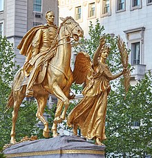 Gilded statue in 2021 after restoration Grand Army Plaza William Tecumseh Sherman Statue 2021-05-13 18-52 G90T7348.jpg