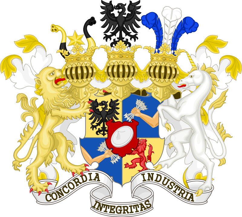 ロスチャイルド家（ロートシルト家）の紋章。この紋章は1822年にオーストリア政府（ハプスブルク家）より、男爵の称号とともに授けられた。盾の中には5本の矢を持った手が描かれ、創始者の5人の息子が築いた5つの家系を象徴している。盾の下には、ロスチャイルド家の家訓であるConcordia, Integritas, Industria（調和、誠実、勤勉）という銘が刻まれている。Wikipediaより