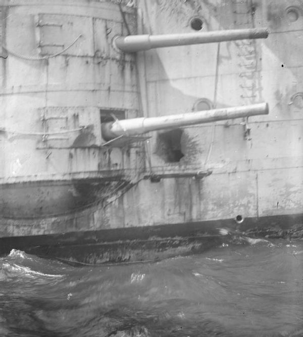 Starboard forward casemate showing some of the damage incurred by Kent during the Battle of the Falkland Islands