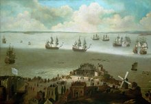 The battle between the HMS Tyger and the Schaeckerloo in the Harbour of Cadiz by Daniel Schellinks HM Ship 'Tiger' Taking the 'Schakerloo' in the Harbour of Cadiz, 23 February 1674 RMG BHC0320.tiff