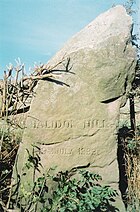 Ein großer, grob behauener Stein mit Gravur darauf