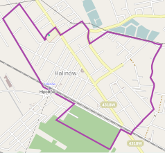 Mapa konturowa Halinowa, blisko centrum na lewo znajduje się punkt z opisem „Halinów”