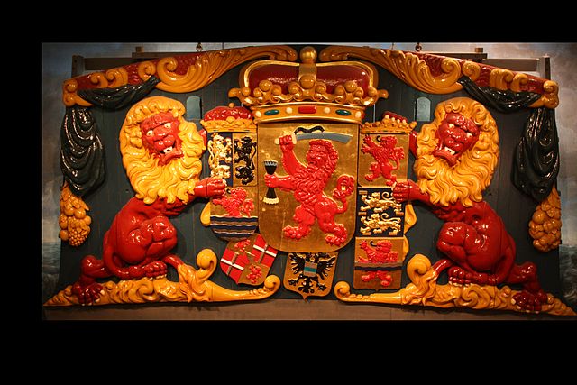 Replica of the Sternpiece of the Zeven Provinciën showing the arms of the Union and each of the member States.