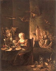 Preparation for the Witches' Sabbath by David Teniers the Younger. It shows a witch brewing a potion overlooked by her familiar spirit or a demon; items on the floor for casting a spell; and another witch reading from a grimoire while anointing the buttocks of a young witch about to fly upon an inverted besom. Hexenszene 1700.JPG