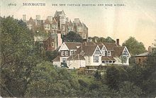 The New Cottage Hospital as photographed from the Cemetery in 1909 High School and Old Hospital Monmouth - 1909.jpg