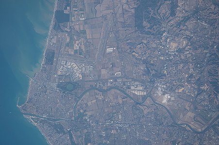 The Tiber mouth near of Ostia and Rome (ISS photo), Tyrrhenian Sea