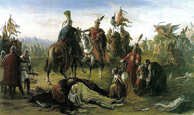 Aftermath of the Battle on the Marchfeld; Reynold Básztély kept the royal Árpád banner in the background