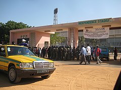 The entrance to Independence Stadium, where the alleged rape took place. Independence Stadium (Gambia) 0002.jpg