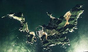 Aerial photo of Tanago-jima, Mae-jima and Ishima (from left to right), 1976. The Ishima swamp is clearly visible as a brown spot.