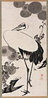 伊藤若冲『双鶴図』（18世紀、右隻）。若冲はタンチョウをモチーフに多数描いているが、この絵では創意により嘴に歯を描き加えている。