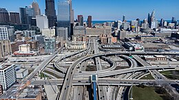 Aerial photo of the Jane Byrne Interchange (2022) after reconstruction, initially opened in the 1960s Jane M. Byrne Interchange (1) 4-1-22.jpg