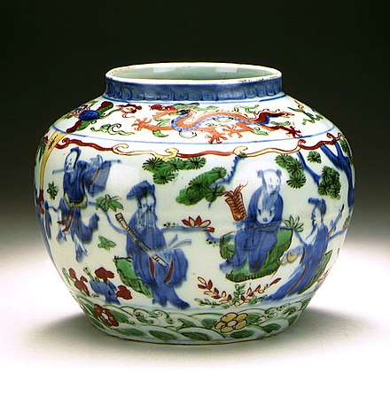 Wucai jar with the Eight Immortals, Ming, Wanli reign, 1573–1620