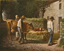 Paysans ramenant a la maison un veau ne dans les champs, Jean-Francois Millet, 1864. Jean Francois Millet - Peasants Bringing Home a Calf Born in the Fields - 1894.1063 - Art Institute of Chicago.jpg