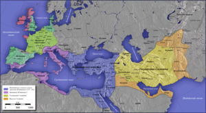 Расширение территории Восточной Римской империи (Византии) с начала правления Юстиниана (синим цветом выделена империя на момент начала правления Юстиниана в 527 году) и до его смерти (фиолетовым цветом выделены завоёванные полководцами Юстиниана территории к 565 году)