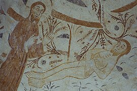 Kalkmålning, Gud skapar Adam - Emmislövs kyrka, Östra Göinge - 9016932.jpg