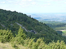 Cette vue du Grand Sarcouy, depuis le puy des Goules, laisse deviner la roche trachytique claire qui constitue le dôme