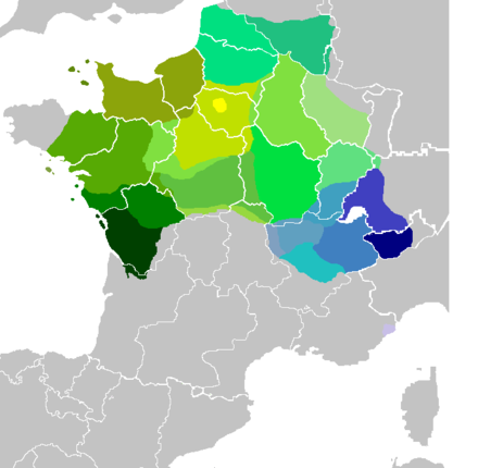 Distribution of the modern langue d'oïl (shades of green) and of Franco-Provençal dialects (shades of blue)