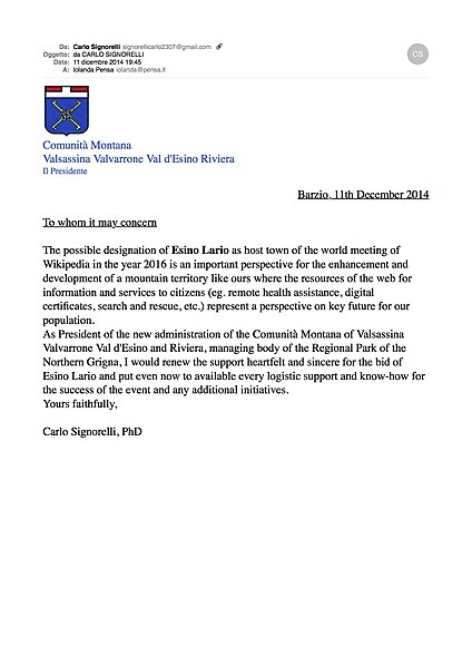 File:Letter of support for Wikimania Esino Lario - President comunità montana December 2014.jpg