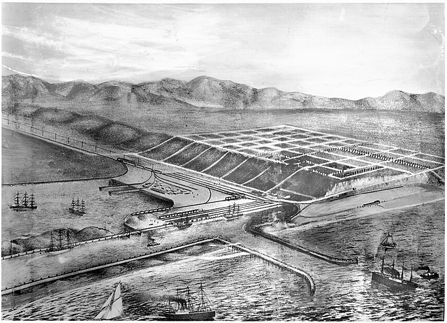 Lithograph issued by Moye Wicks depicting a conception of the completed Port Ballona harbor, ca.1887