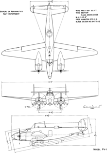 3-view line drawing of the Lockheed PV-1 Ventura