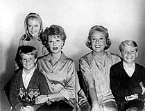 Season 1 cast of The Lucy Show: Candy Moore (in back); front, L-R: Jimmy Garrett, Lucille Ball, Vance, and Ralph Hart (1962)