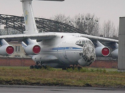 An Il-76MD that was damaged during the Sknyliv air show disaster on 27 July 2002, during which the Sukhoi Su-27 involved struck a glancing blow against the aircraft's nose before crashing into spectators.