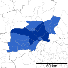 A map showing Maebashi Metropolitan Employment Area. Maebashi Metropolitan Employment Area 2010.svg