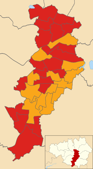 Map of the results of the 2008 Manchester council election. Labour in red and the Liberal Democrats in yellow. Manchester UK local election 2008 map.svg