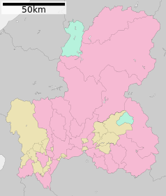 Mapa konturowa prefektury Gifu, na dole nieco na lewo znajduje się punkt z opisem „Hashima”