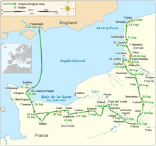 A map of south east England and north east France showing the route of the English army